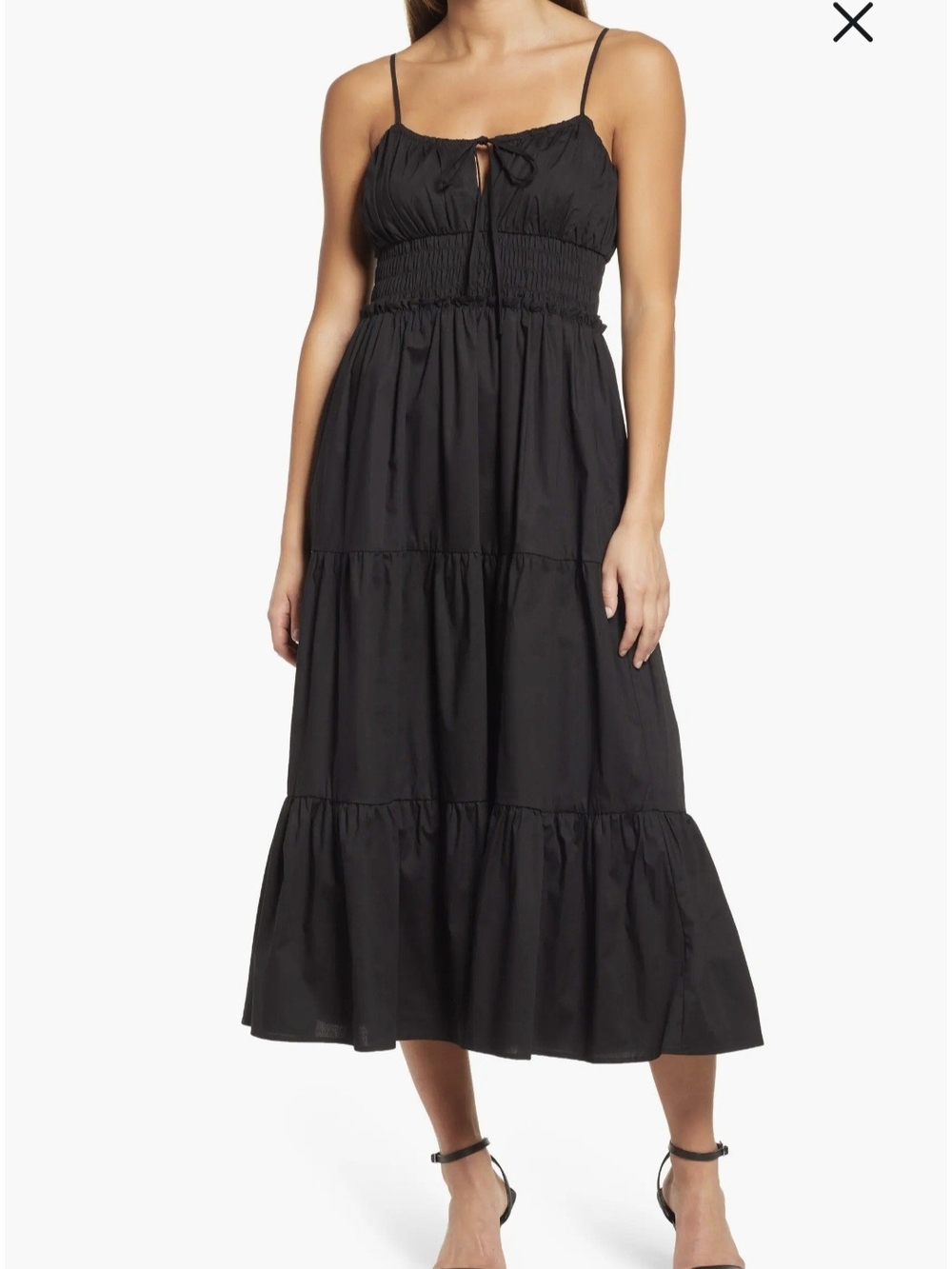 Wayf Black Smocked Tiered Midi Sun Dress with Spaghetti Straps - L